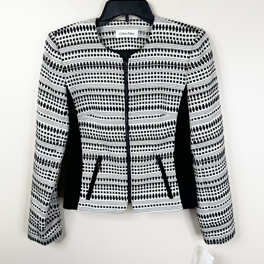NEW Calvin Klein Blazer Jacket Womens Size 2 Swiss Dot White Black Full Zip